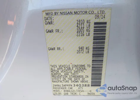 2015 Nissan Altima 2.5 S из США, поврежденный, VIN 1N4AL3AP4FN340388